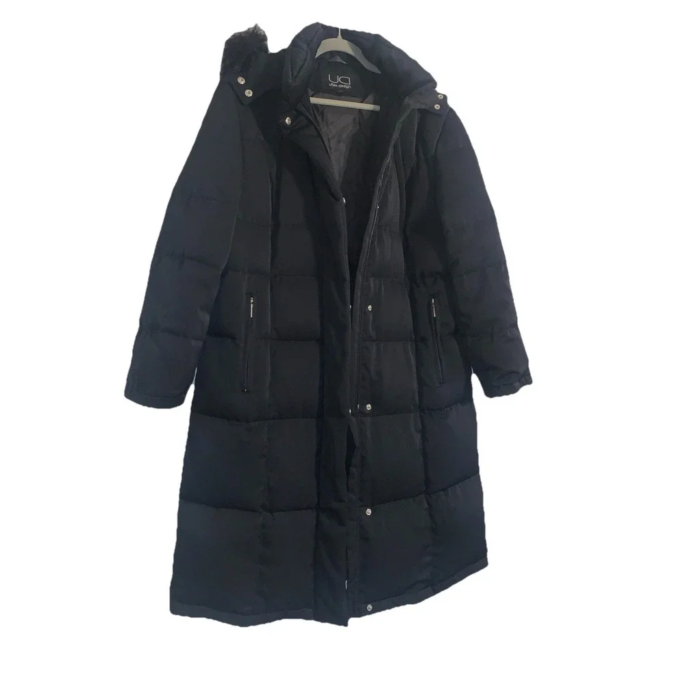 Utex Design Womens L Parka Down Puffer Coat Hooded Fur Quilted Black Long Jacket